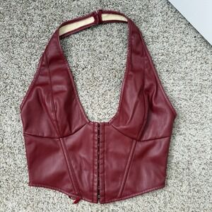 Red Faux Leather Corset Top Halter Lace Up Front Y2K Clubwear Women M